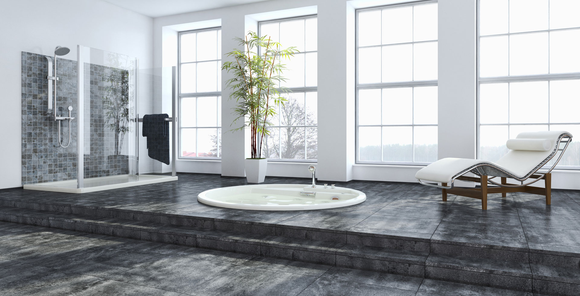 Bad mit Dusche und Wirlpool und Liegestuhl